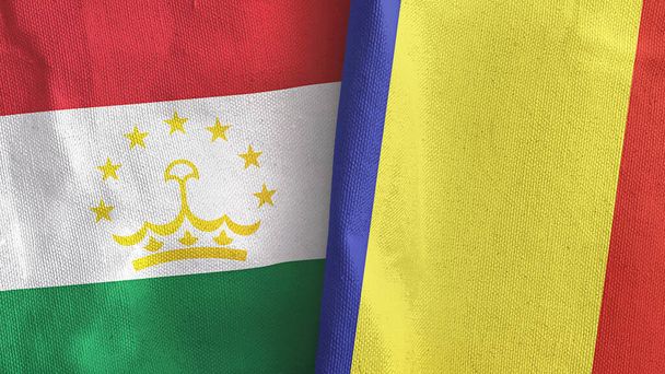 Romania and Tajikistan two flags textile cloth 3D rendering - Photo, Image