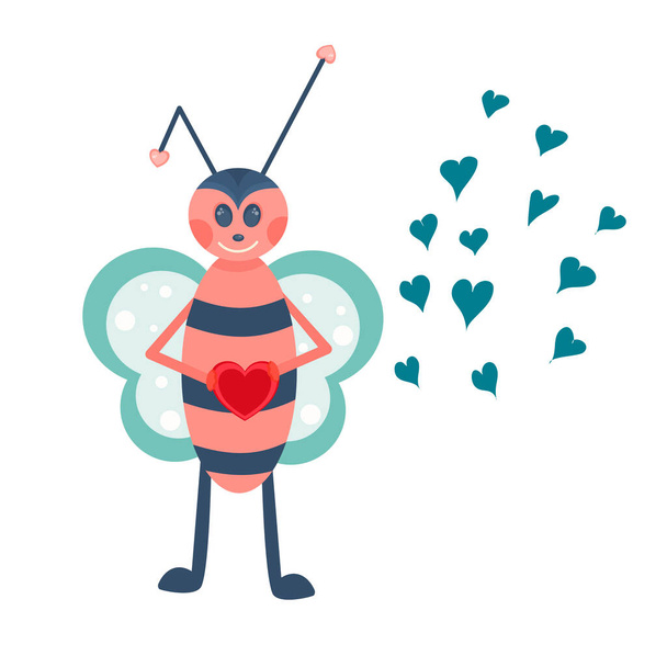 Симпатичные стилизованные насекомые осы или пчелы на День Святого Валентина изолированы на белом фоне. Животное в скандинавском стиле, для украшения праздничных открыток. Векторная иллюстрация.. - Вектор,изображение