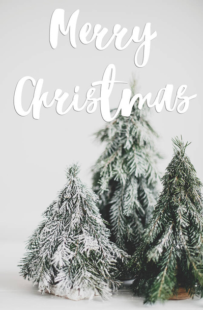 Feliz texto de Natal escrito à mão em pequenas árvores de Natal nevadas no fundo branco, cena da floresta de inverno. Cartão de saudação, cumprimentos estações modernas. Boas festas - Foto, Imagem