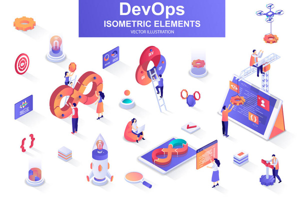 DevOps bundle of isometric elements. Startup launch, software development, deployment and testing, automation and programming isolated icons. Isometric vector illustration kit with people characters. - Vector, Image
