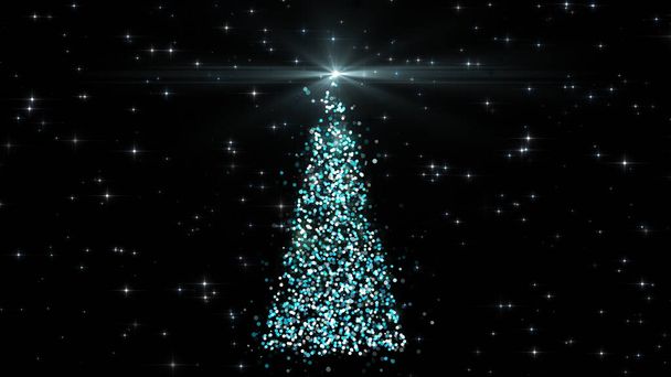 Mutlu yıllar! Mutlu Noeller tebrik kartı. Koyu ışık arka planında parlayan yıldızlı özel parçalardan parlayan Noel ağacı - Fotoğraf, Görsel