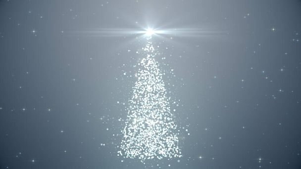 Mutlu yıllar! Mutlu Noeller tebrik kartı. Koyu ışık arka planında parlayan yıldızlı özel parçalardan parlayan Noel ağacı - Fotoğraf, Görsel