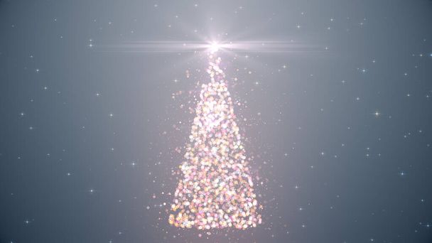 Bonne année ! Joyeux Noël carte de voeux de vacances. Arbre de Noël brillant à partir de détails avec étoile brillante sur fond clair foncé - Photo, image