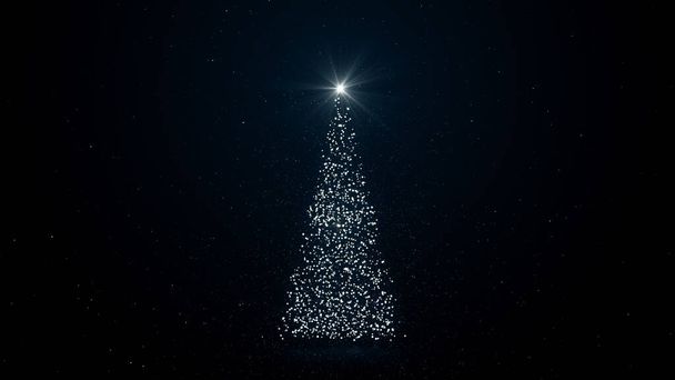 Frohes neues Jahr! Frohe Weihnachten Grußkarte. Leuchtender Weihnachtsbaum aus Einzelteilen mit leuchtendem Stern auf dunklem hellen Hintergrund - Foto, Bild