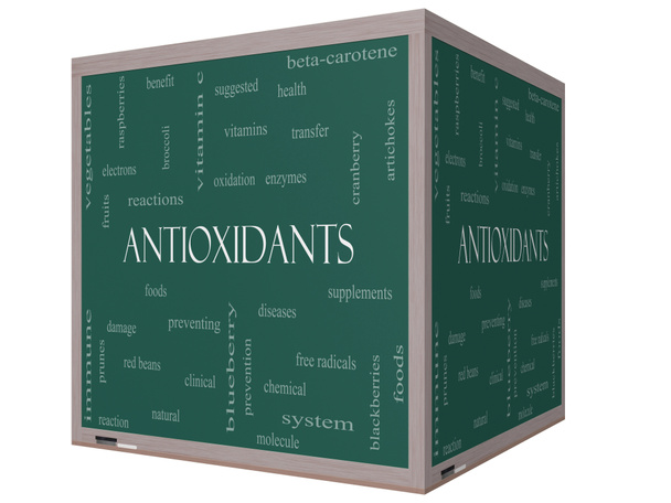 Antioxidants Word Cloud Concept on a 3D cube Blackboard - Photo, Image