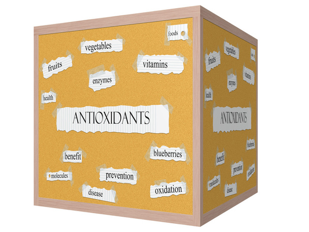 Antioxidantes 3D cubo Corkboard Word Concept
 - Foto, imagen