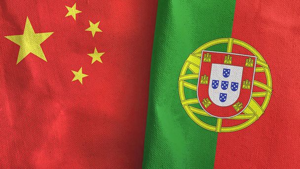 Portugal and China two flags textile cloth 3D rendering - Photo, Image
