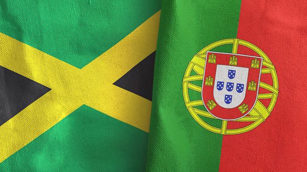Portugal and Jamaica two flags textile cloth 3D rendering - Photo, Image