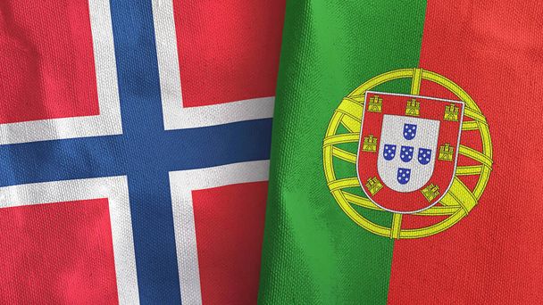 Portugal and Norway two flags textile cloth 3D rendering - Zdjęcie, obraz