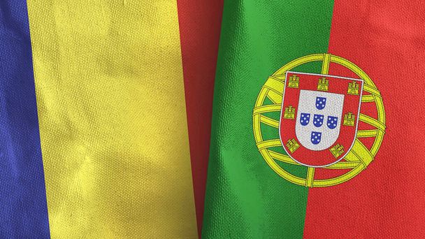 Portugal and Romania two flags textile cloth 3D rendering - Zdjęcie, obraz