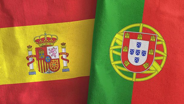 Португалия и Испания два флага текстильная ткань 3D рендеринг - Фото, изображение