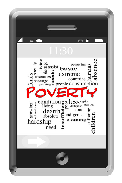 armoede woord wolk concept op touchscreen telefoon - Foto, afbeelding