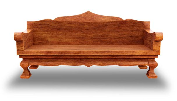 Vintage sofa lub kanapa wykonana z drewna na izolowanym białym tle. Jest to siedzisko i meble wewnętrzne. Koncepcja dekoracji wnętrz w stylu vintage. Ilustracja 3D renderowania. - Zdjęcie, obraz