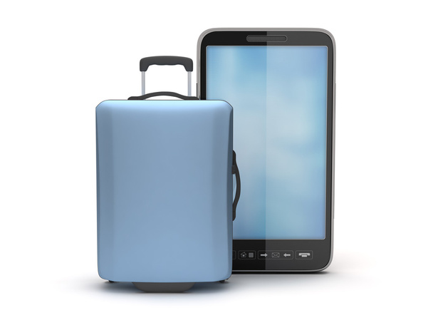 Cell phone and travel bag on white background - Foto, imagen