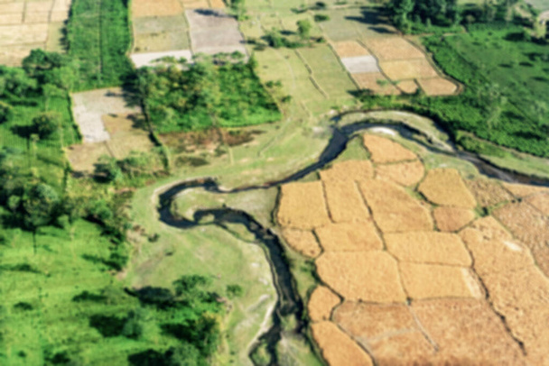 Imagen borrosa de la vista aérea de Bangladesh, tomada del avión. Los verdes campos de agricultura rural de Bangaladesh con giros del río Padma vistos desde el cielo. - Foto, imagen