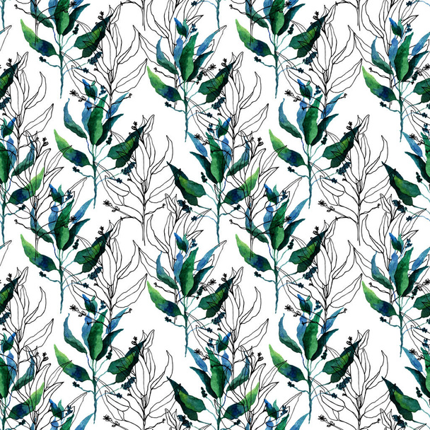 Seamless pattern with stylized watercolor leaves. Floral endless pattern filled with green and blue leaves. Watercolor hand drawn illustration on white background.Ideal for wallpaper, textile print. - Photo, Image