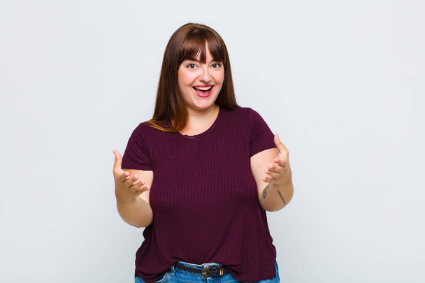 overweight woman feeling happy, astonished, lucky and surprised, like saying omg seriously? Unbelievable - Fotoğraf, Görsel