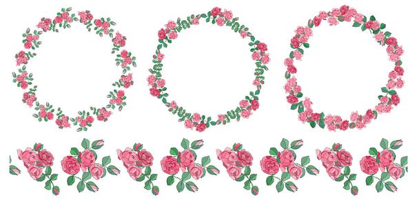 Set of round template and seamless border with pink roses and leaves isolated on white background. - ベクター画像