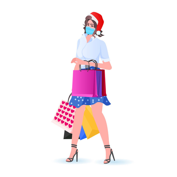 woman in santa hat holding shopping bags girl wearing masks to prevent coronavirus pandemic new year holidays - Vettoriali, immagini