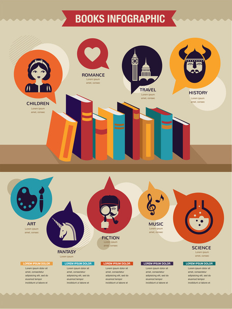 olvasás könyveket infographics, készlet, lapos ikonok - Vektor, kép