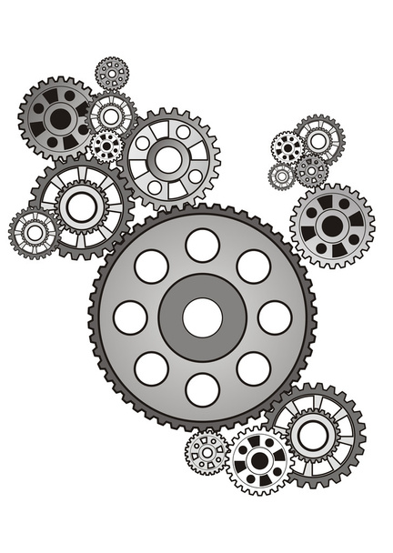Industrial still life - arrangement of gears, isolated on white - Vector, Image