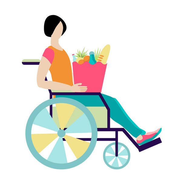食べ物のある障害者。車椅子の方は食料品の袋を持っています。白い背景に隔離された漫画スタイルのベクトルイラスト。強い幸せな独立した男は一人で買い物をする. - ベクター画像