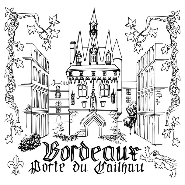 Sights Of Bordeaux. Old French Architecture. The inscription in Latin - Bordeaux Palace gates. Vector drawing in vintage style is decorated with medieval ornaments.Coloring page for children and adults - Vetor, Imagem