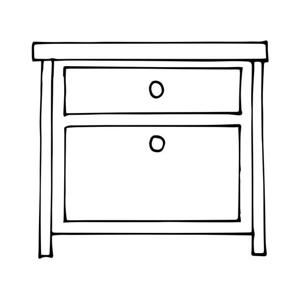 Vector drawing of a bedside table with a large and small drawer.Sketch stile. A linear pattern. Black and white doodles Isolated on a white background. Modern furniture for bedroom, study, living room. - Vector, Image