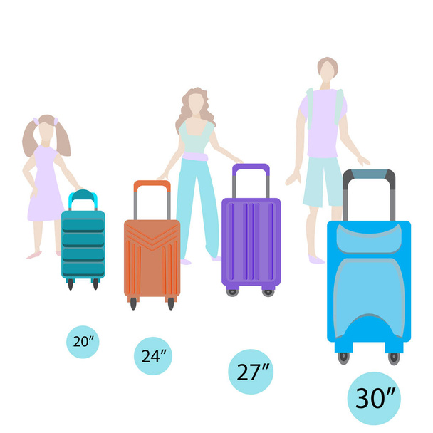 A családi utazás fogalma. Egy bőrönd méretét választani egy gyereknek, egy nőnek és egy férfinak. Apa, anya és lánya és a csomagjaik különböző méretűek. Vektor illusztráció lapos stílusban. - Vektor, kép