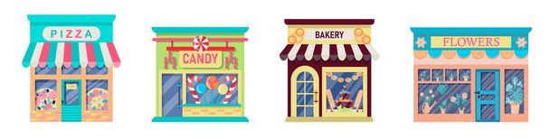 Soubor ilustrací exteriéru fasádní obchod budovy.Sbírka fasád obchodů: pekárna, pizzerie, květinářství, cukrárna izolované na bílém pozadí.Vektorové ilustrace v plochém stylu - Vektor, obrázek