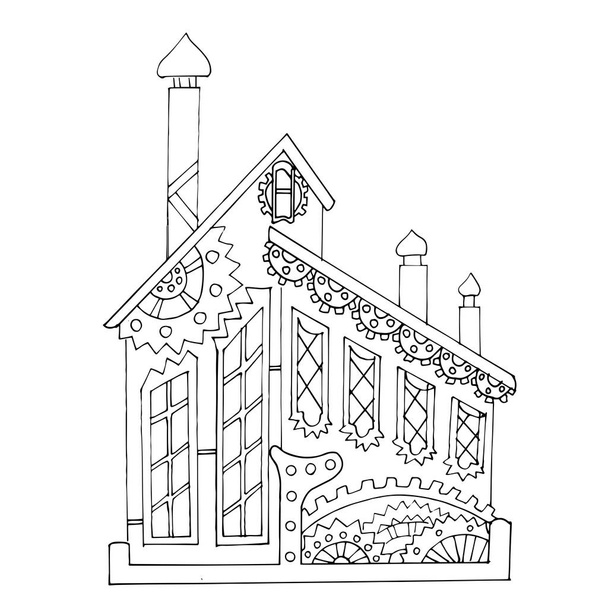 Steampunk House 'un vektör çizimi. Dişliler, borular ve mekanizmalarla muhteşem bir mimari. Çocuklar ve yetişkinler için boyama sayfaları. Beyaz bir arkaplanda izole edilmiş. - Vektör, Görsel