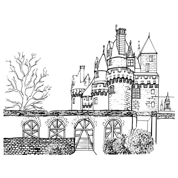 Alte französische Architektur. Eine mittelalterliche Burg im Loire-Tal. Das Schloss von Uss. Vektorlineare Zeichnung. Für ein Geschichtsbuch oder als Malseite für Kinder und Erwachsene. Schwarz-Weiß-Illustration  - Vektor, Bild