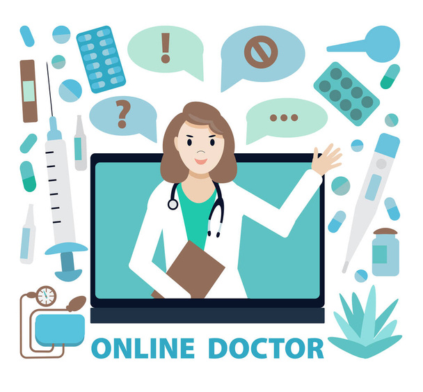 Online lääkäri, internet tietokone terveyspalvelu. Online-terveyspalvelut, lääkärin kuuleminen. Vektori kuva sivustot aloitussivun malleja. Naislääkäri. Tasainen tyyli.      - Vektori, kuva