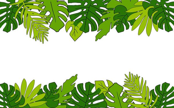 Tropisch Horizontaal frame, plaats voor je tekst. Palm, monstera, bananenboom bladeren achtergrond template. Vector illustratie. Concept van de jungle voor het ontwerpen van uitnodigingen, wenskaarten - Vector, afbeelding