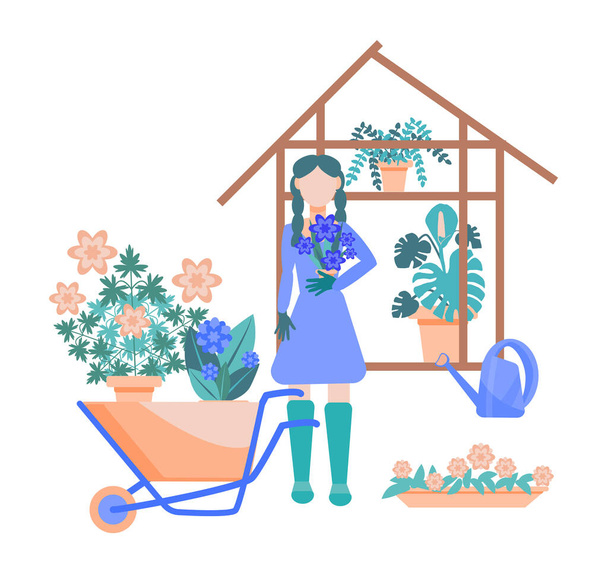 Egy fiatal lány, aki virágot tart egy cserépben, egy üvegház hátterében áll. A nő mellett van egy kerti kocsi virágokkal és egy öntözőkannával. Vektor illusztráció lapos stílusban. - Vektor, kép