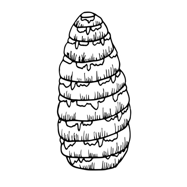 Cono de abeto dibujado a mano. El cono de abeto simple está aislado sobre un fondo blanco. Ilustración en el estilo del boceto. Dibujo lineal de año nuevo para postales, diseño, decoración - Vector, imagen