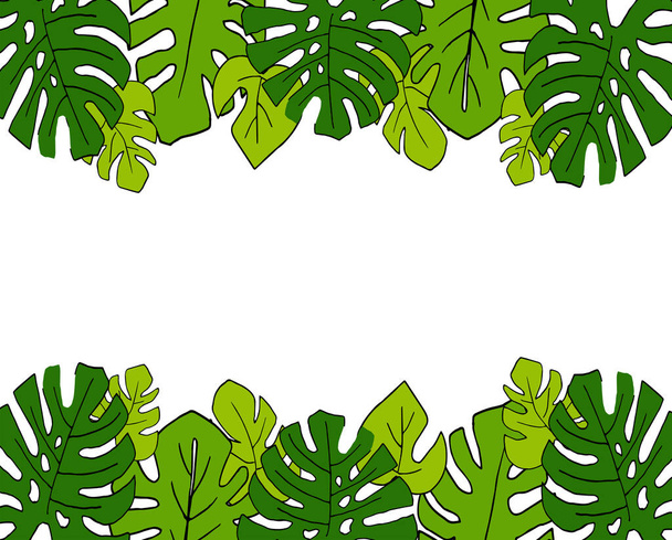 Horizontal vector frame made of monstera leaves. Frame of tropical leaves. Doodle style.  Modern decor.For postcards, invitations, weddings and design. - Vector, Image