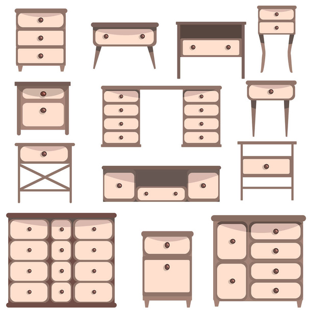 Set of cute nightstands and dressers.  Collection of modern furniture for the bedroom, study, living room. Vector illustration in flat style. Isolated on a white background. - Vector, Image