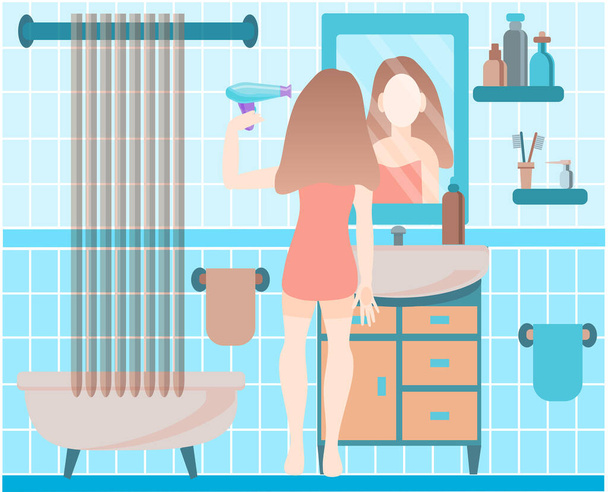 バスルームの鏡の前に立つスレンダー少女は、ドライヤーで髪を乾かします。女は髪を乾かしている。女の子の朝。キャラクターとインテリア。平型ベクトルイラスト. - ベクター画像