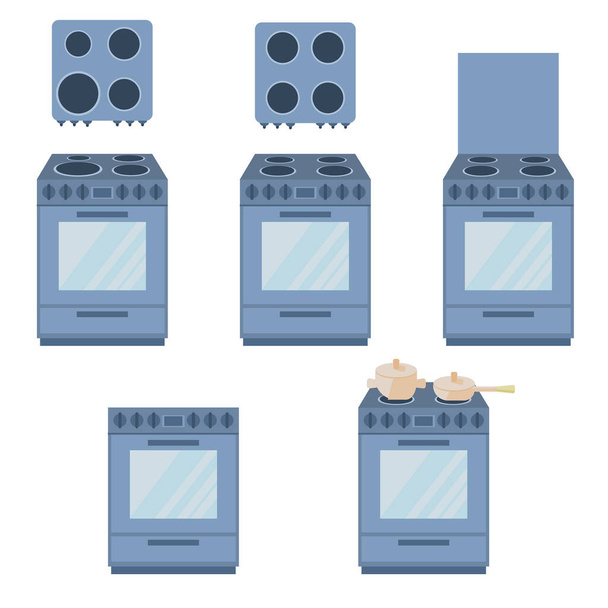 Set f cuisinières électriques est isolé sur un fond blanc.Dessin vectoriel en style dessin animé. Différentes tailles de brûleurs. La vue du haut, devant, isométrique. Le pot est sur la cuisinière.  - Vecteur, image