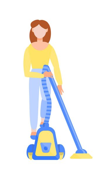 Home activity. Housework. Young girl with a vacuum cleaner. A pretty woman vacuums. House cleaning. Vector illustration in a flat style isolated on a white background. - Vector, Image