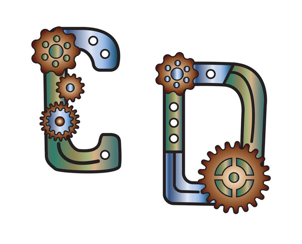 The Font In The Style Of Steampunk. Mechanical metal alphabet with gears. letter C D. vector illustration of an old steampunk alphabet for logo and text. For design and decoration. - Vector, afbeelding