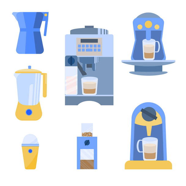 Set of various coffee makers, coffee machines and cappuccino machine a white background.  Kitchen appliance. Equipment for the kitchen. Vector illustration in flat style. - Vector, Image
