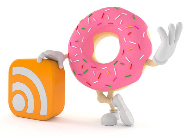 Donut χαρακτήρα με το εικονίδιο RSS απομονώνονται σε λευκό φόντο. 3D εικονογράφηση - Φωτογραφία, εικόνα