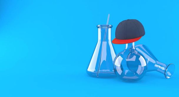 Chemiekolben mit Baseballmütze auf blauem Hintergrund. 3D-Illustration - Foto, Bild