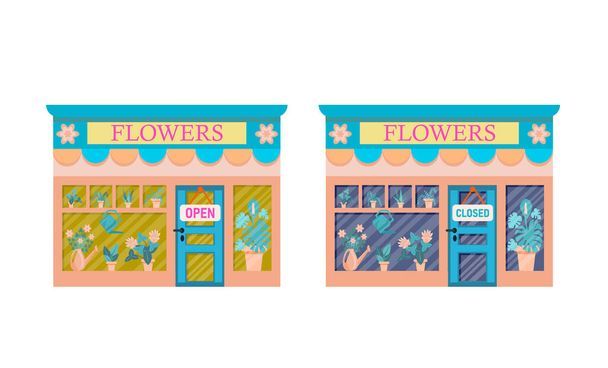 De bloemenwinkel is open en gesloten. Set van illustratie van de buitenkant gevel winkel gebouw.Verzameling van de gevels van de winkels geïsoleerd op een witte achtergrond. Vector illustratie in platte stijl - Vector, afbeelding