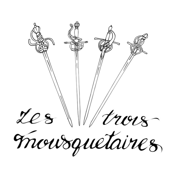 Handgeschreven inscriptie in het Frans: Drie musketiers. Letteren. De schets tekening van zwaarden is geïsoleerd op een witte achtergrond. Vector illustratie in een handgetekende stijl. ontwerp of kleurelement. - Vector, afbeelding