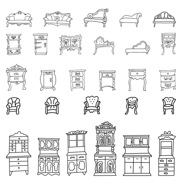 A set of elegant antique chests of drawers, tables, cabinets, sofas, couches, armchairs is made in the style of a sketch. The Doodle is isolated. Vector drawn collection of vintage furniture  - Vector, Image