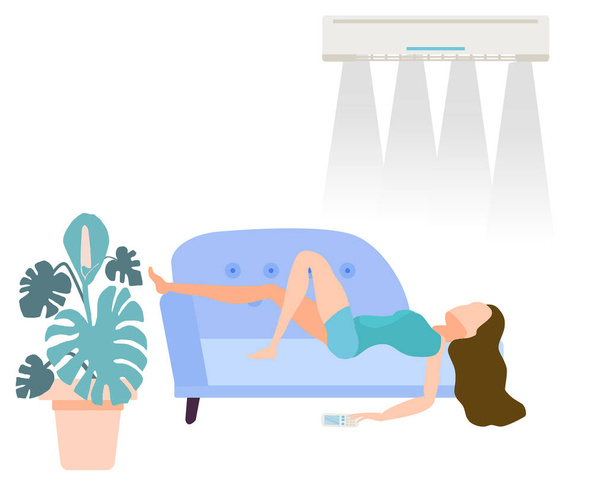 Mladá dívka leží na gauči pod klimatizací. Dobré klima v domě. Žena odpočívá. Horký letní den.Relaxační doma. Vektorové ilustrace v plochém stylu.Izolované na bílém pozadí - Vektor, obrázek