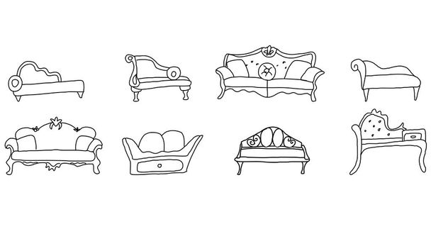 Régi kanapék vektorkészlete. Rajzolok firka stílusban. Retro kanapék és napozóágyak elszigetelt fehér háttérrel. A design, dekoráció, web, színezés.Bútorok körvonalai szimbólumok - Vektor, kép